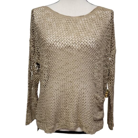 Beige Crochet Sweater Womens Sz S‎ Open Knit Pullover Slouchy Beachy Coastal Top - Picture 1 of 7
